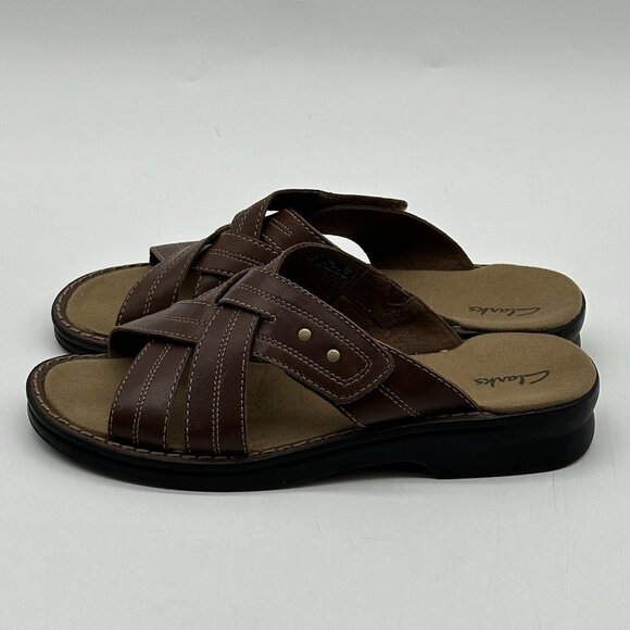 Clarks Brown Leather Woven Criss-Cross Strap Slip-On Sandals Women's Size 10M - Picture 4 of 10
